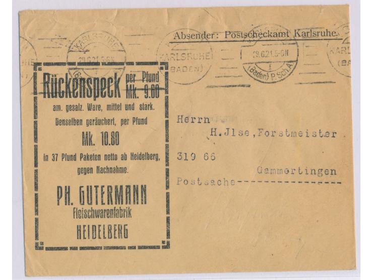 Postsache-Umschlag des Postscheckamt Karlsruhe mit vorderseitiger Reklame "Ph. Gutermann, Fleischwarenfabrik, Heidelberg", Ma