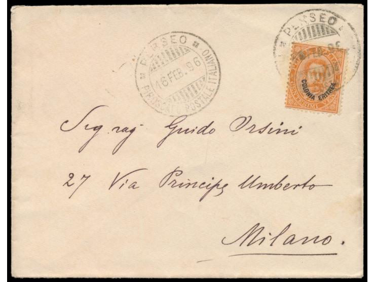 Eritrea,  20 C. auf Brief nach Milano, 2 x Schiffspoststempel  Perseo / Piroscafi Postale Italiano  16.2.96, Truppentransport