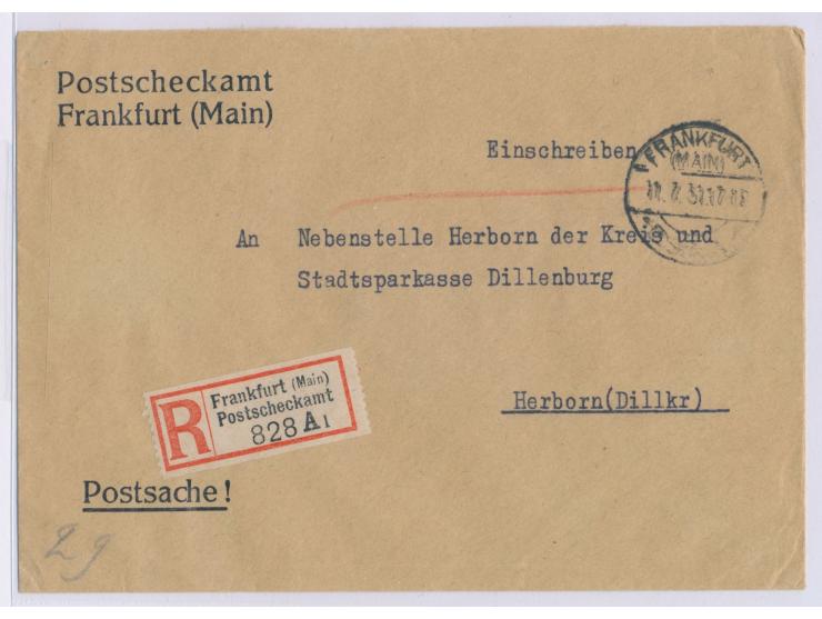 Einschreibbrief-Postsache des Postscheckamt Frankfurt (Main), Stempel Frankfurt (Main) PSchA 11.7.31,  R-Zettel Frankfurt (Ma