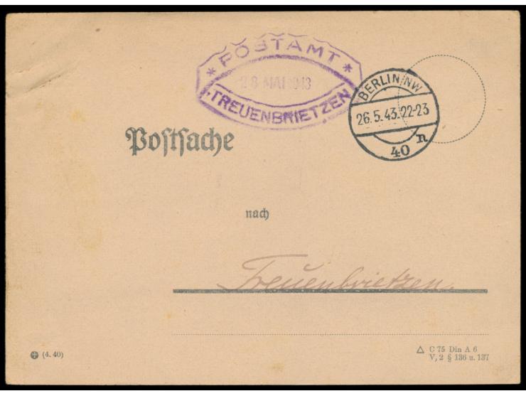Mitteilungskarte über ein beschädigt eingegangenes Paket aus Treuenbrietzen und Erhebung der  Verpackungskosten 45 Pf.  (Anre