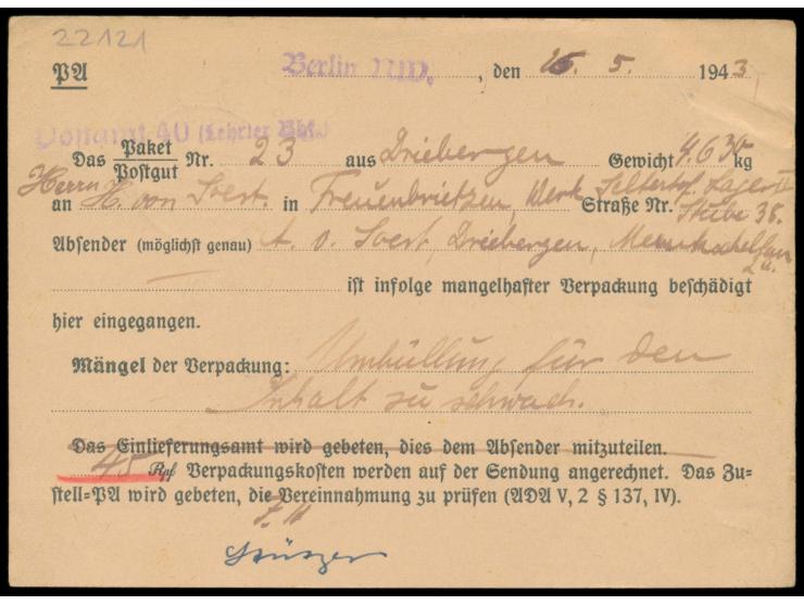 Mitteilungskarte über ein beschädigt eingegangenes Paket aus Treuenbrietzen und Erhebung der  Verpackungskosten 45 Pf.  (Anre