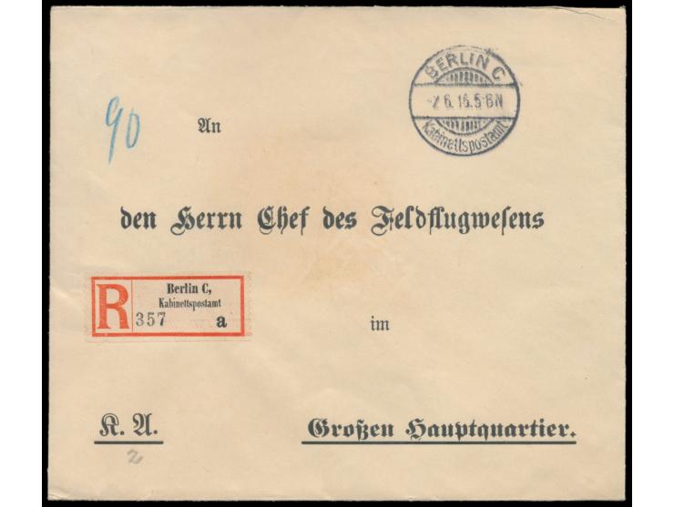 Stempel  Berlin C Kabinettspostamt  2.6.16 und entsprechender  R-Zettel mit UB a  auf Vordruckumschlag K.A. (Königliche Angel