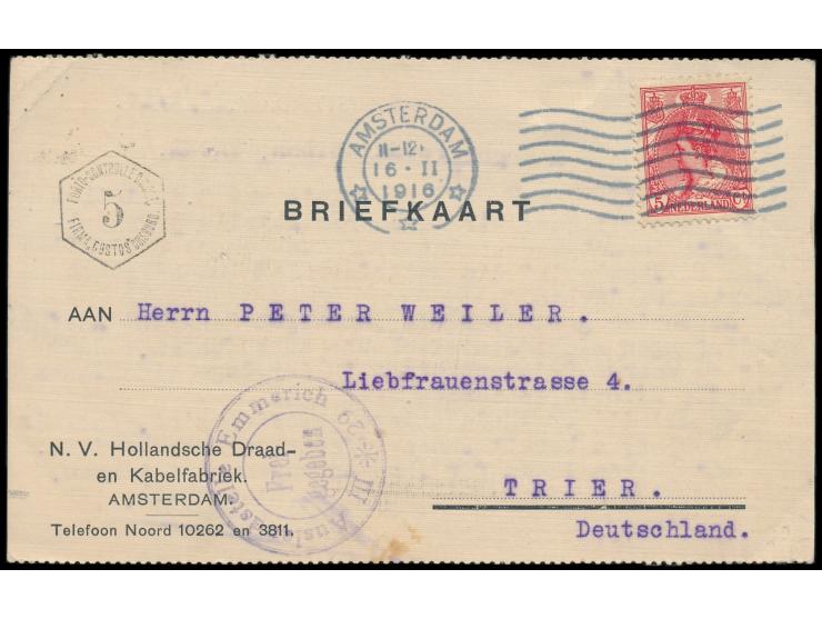 Niederlande 5 C. auf Firmenkarte mit sechseckigem  Custos-Stempel "5" ... Duisburg, Maschinenstempel Amsterdam 16.2.16, nach 