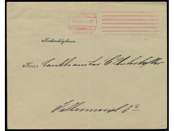 roter Postfreistempel &nbsp;Bickerdike Stuttgart Nr. 1 29.4.04, &nbsp;rechts mit 7 langen Strichen, Einsatz &nbsp;Franko 2 Pf