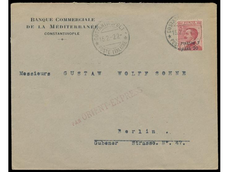 Levante, &nbsp;7,20 Pia. auf 60 C. als Einzelfrankatur auf Firmenbrief mit Stempel &nbsp;Costantinopoli / Poste Italiane &nbs
