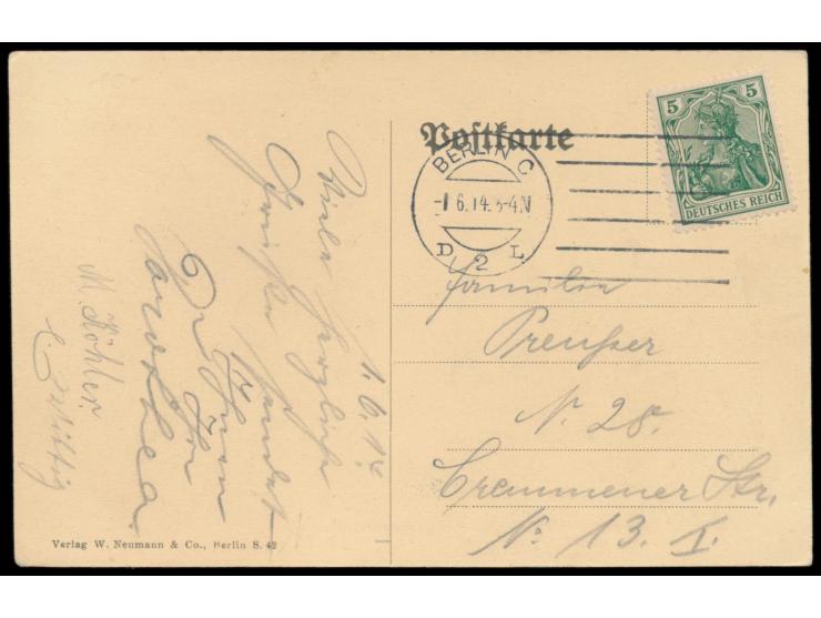 Michelius-Maschinenstempel Berlin C D 2 L  1.6.14 mit 6 Stichen auf Ansichtskarte mit 5 Pf.-Marke,  Vorführmaschine,  ab 13.3