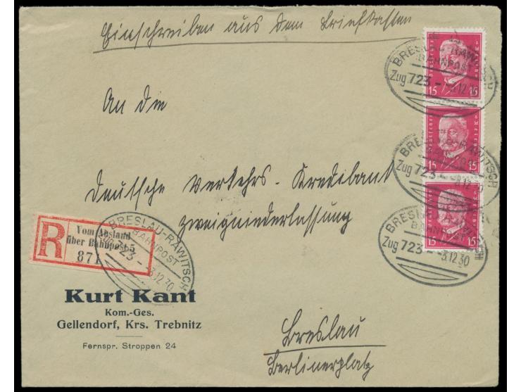 Breslau - Rawitsch Zug 723 3.12.30, Ovalstempel auf Einschreibbrief mit 3 x 15 Pf. Hindenburg nach Breslau, gleicher Stempel 