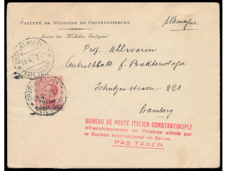 Levante, &nbsp;7,20 Pia. auf 60 C. als Einzelfrankatur auf Firmenbrief mit Stempel Costantinopoli / Poste Italiane 18.4.22 na