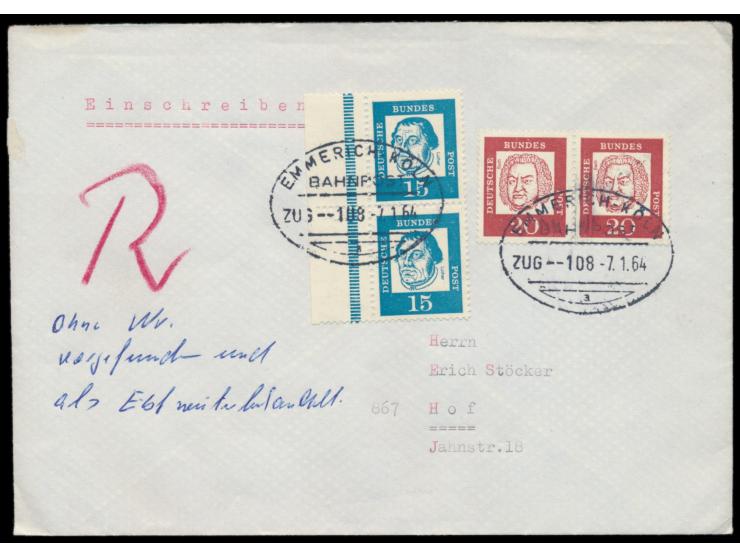Emmerich - Köln  Zug 108, Ovalstempel mit Nr. 3, 7.1.64, Einschreibbrief mit BRD-Frankatur 70 Pf., handschriftlich "R - ohne 
