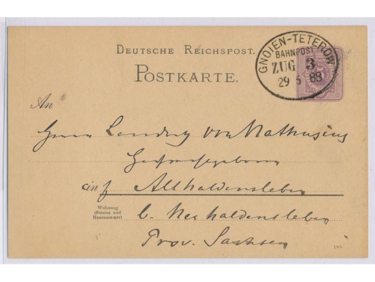 Gnoien - Teterow  Zug 3 29.5.88, Stumpf-Ovalstempel auf Ganzsache 5 Pf. nach Althaldensleben,  Kleinbahn  (Verstaatlichung er