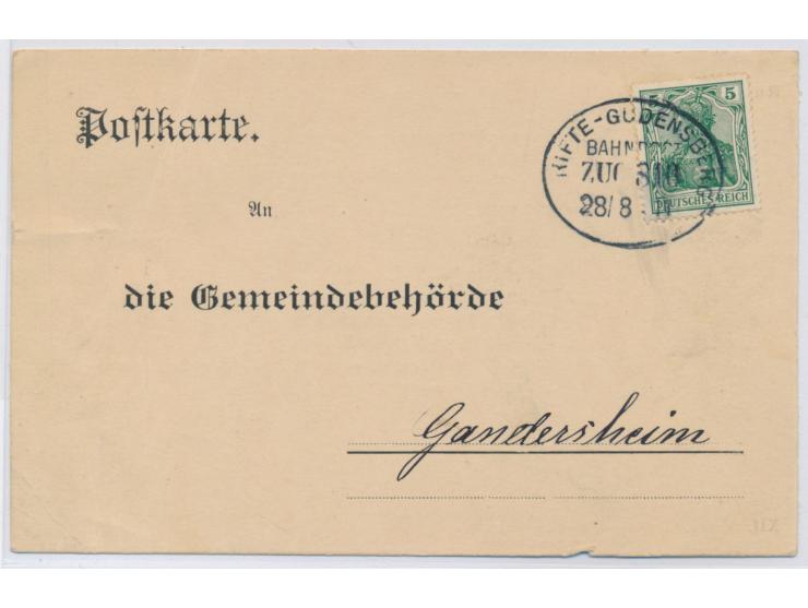 Grifte - Gudensberg,  Ovalstempel Zug 810 28.8.11 auf Karte mit 5 Pfg. Germania nach Gandersheim,  Kleinbahn
Postleitzahl: 34