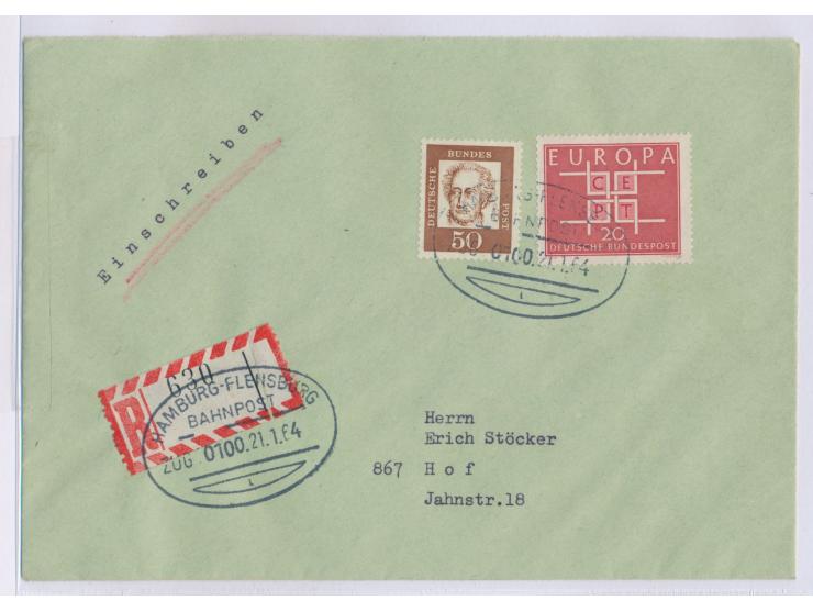 Hamburg - Flensburg Zug 0100, Ovalstempel mit UB L, 21.1.64, Einschreibbrief mit BRD-Frankatur 70 Pf., gleicher Bahnpoststemp