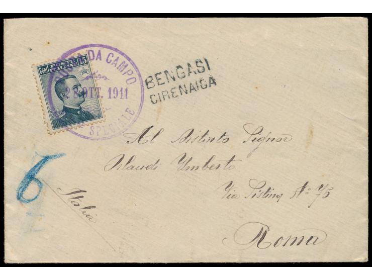 Libyen,  violetter Stempel  Posta da Campo Div.ne Speciale  28. Ott. 1911 und schwarzer L2  Bengasi / Cirenaica  auf Brief mi