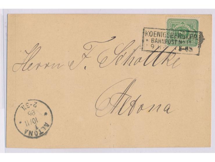 Koenigsberg i. Pr. / Bahnpost No. 11  9.11.86, R3 auf Drucksachenkarte mit 3 Pf.-Marke nach Altona, Ankunftstempel 10.11.86
S