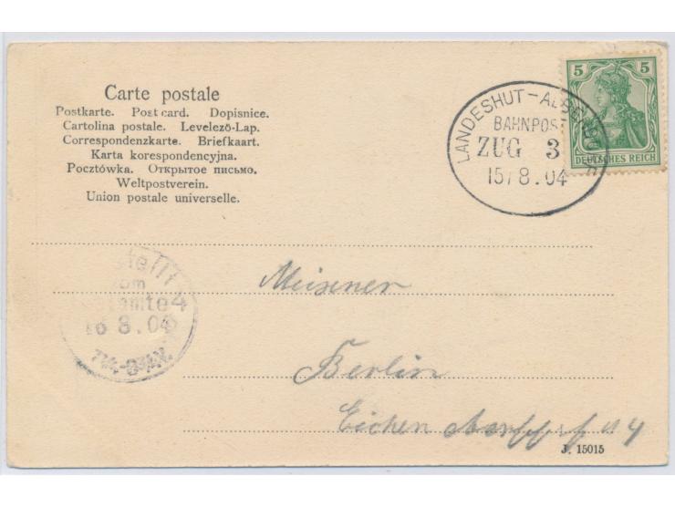 Landeshut - Albendorf,  Ovalstempel Zug 3 15.8.04, mit 5 Pfg. Germania auf Ansichtskarte aus Grüssau, Kloster,  nach Berlin
S