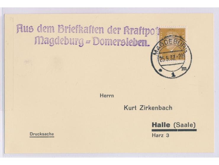 3 Pf. Ebert auf Stempel-Beschaffungskarte mit Stempel  Magdeburg  25.5.32 und violetter L2  "Aus dem Briefkasten der Kraftpos