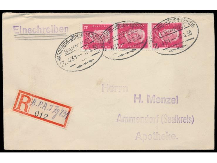 Magdeburg - Köthen - Leipzig  Z. 431 10.3.30, Ovalstempel mit Zierelement unten, auf  Einschreibbrief  mit 3 x 15 Pf. Hindenb