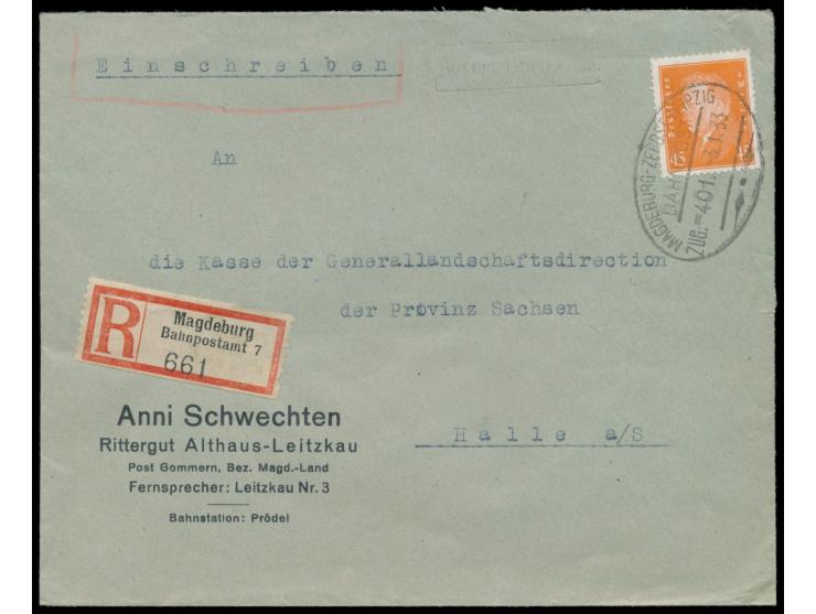 Magdeburg - Zerbst - Leipzig  Zug 401 3.1.33, Ovalstempel mit Zierelement unten, auf Einschreibbrief mit 45 Pf. Ebert nach Ha