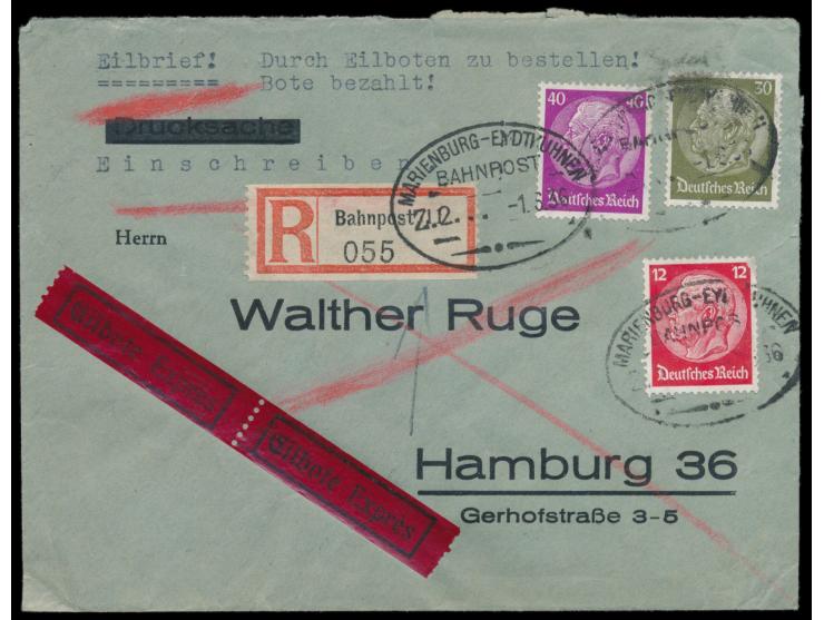 Marienburg - Eydtkuhnen  Z. 2 1.6.36, Ovalstempel auf  Eilboten-Einschreibbrief  aus Königsberg nach Hamburg,  R-Zettel "Bahn