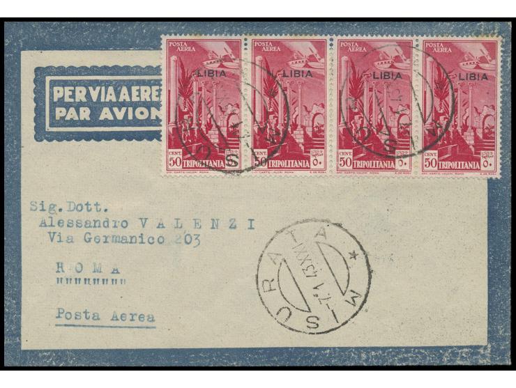 Libyen,  waagerechter Viererstreifen 50 C. Flugpost auf  Luftpostbrief  mit Stempel  Misurata  7.1.43 nach Rom, undeutlicher 
