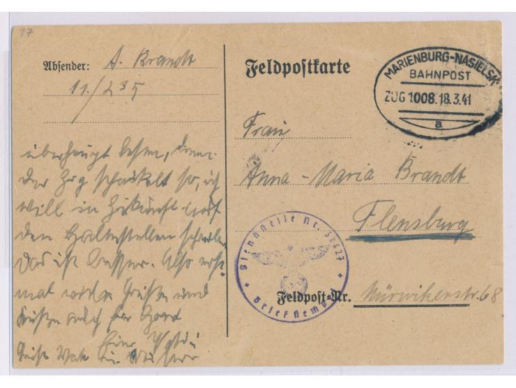 Marienburg - Nasielsk  mit UB a, Zug 1008, 18.3.41, Ovalstempel auf Feldpostkarte nach Flensburg, Bedarf
Stichwörter: General