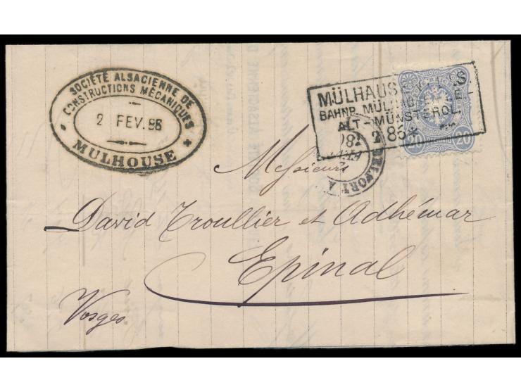 R4  Mühlhausen i. Els / Bahnp Mühlhausen i. E. / Alt-Münsterol  / 2.2.86 auf Faltbrief mit 20 Pf. nach Frankreich, Ankunftste