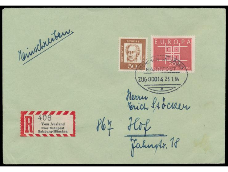 München - Salzburg  Zug 14, Ovalstempel mit UB e, 23.1.64, Einschreibbrief mit BRD-Frankatur 70 Pf.,  R-Zettel "Vom Ausland ü