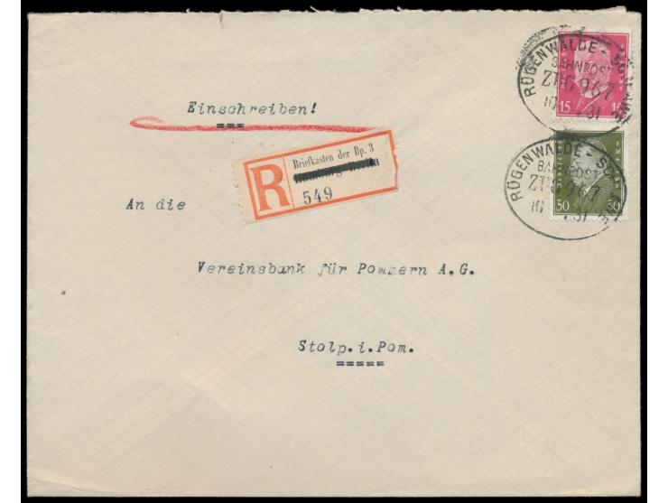 Rügenwalde - Schlawe  Zug 967, Stumpfovalstempel 10.2.31 auf  Einschreibbrief  mit 15  Pf. und 30 Pf. nach Stolp,  R-Zettel "