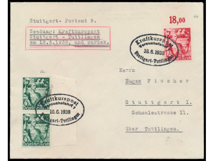 Ovalstempel  Kraftkurspost Versuchsfahrt 1 Stuttgart - Tuttlingen  18.6.1938 auf Brief mit Sondermarken-Frankatur nach Stuttg