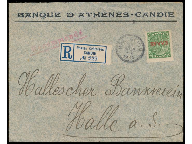 5 L. und Sechserblock 10 L. (rückseitig) mit Londoner Aufdruck auf  Einschreibbrief mit Stempel  Heraklion 31.12.1910 nach De