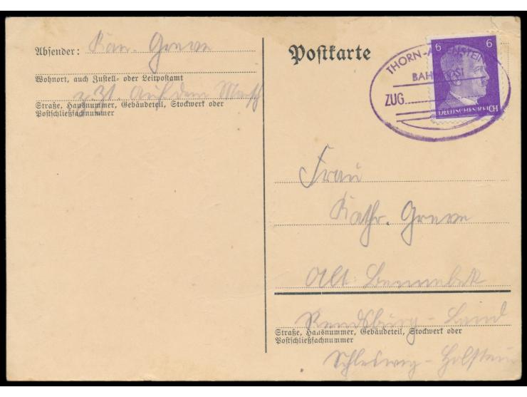 Thorn - Allenstein,  violetter  Not-Ovalstempel  auf Postkarte mit 6 Pf. Hitler nach Alt-Brambek bei Rendsburg, geschrieben a