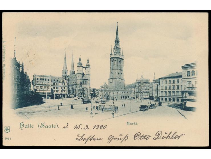 Privatganzsache mit  Jahrhundert-Wertstempel  5 Pf. Germania, rückseitig Bild  Halle (Saale) - Markt,  Frech F 47 (Z), Stempe