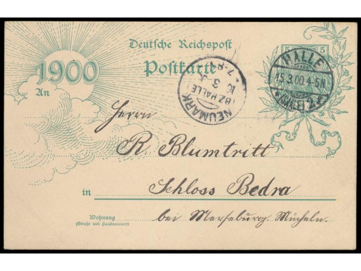 Privatganzsache mit  Jahrhundert-Wertstempel  5 Pf. Germania, rückseitig Bild  Halle (Saale) - Markt,  Frech F 47 (Z), Stempe