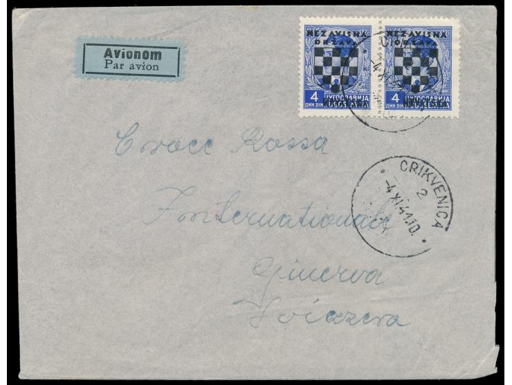 Überdruckausgabe 4 Din. im Paar auf  Luftpostbrief  an das Rote Kreuz in Genf, aptierter Stempel  Crikvenica  4.11.41, Bedarf