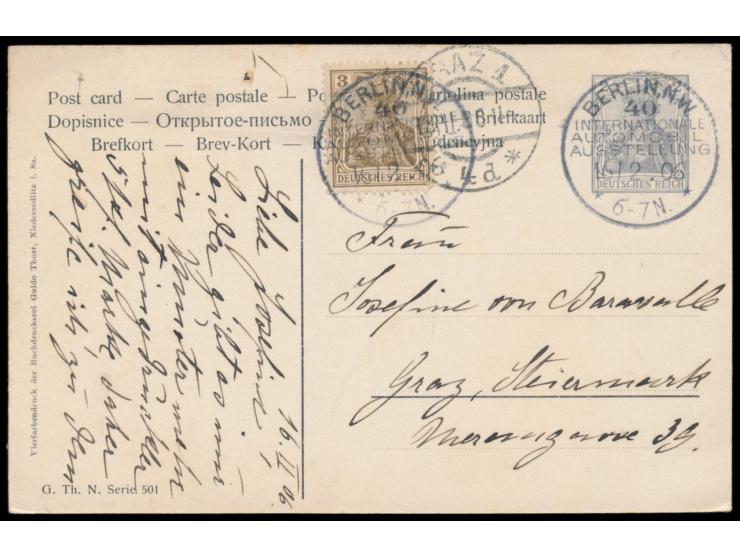 Privatganzsache 2 Pf.,  Automobil-Scherzkarte "Gut ist´s gegangen ...",  Frech E 1 / 06, Zusatzfrankatur 3 Pf., 2 x Sonderste