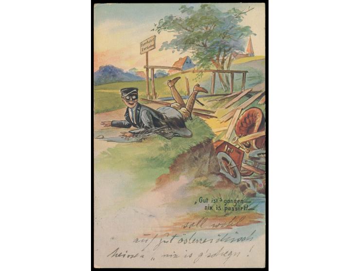 Privatganzsache 2 Pf.,  Automobil-Scherzkarte "Gut ist´s gegangen ...",  Frech E 1 / 06, Zusatzfrankatur 3 Pf., 2 x Sonderste