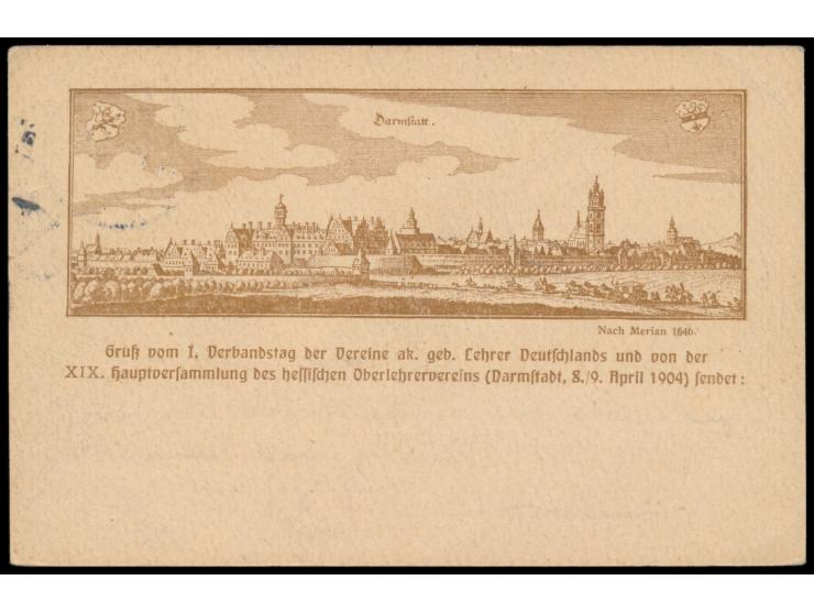 Ganzsache 5 Pf. mit Zudruck  I. Verbandstag der Vereine ak. geb. Lehrer Deutschlands ... Darmstadt 8. / 9. April 1904,  Frech