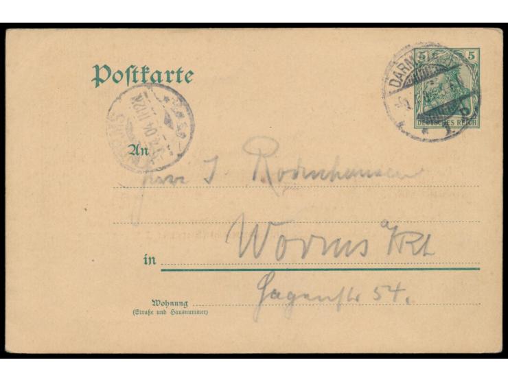Ganzsache 5 Pf. mit Zudruck  I. Verbandstag der Vereine ak. geb. Lehrer Deutschlands ... Darmstadt 8. / 9. April 1904,  Frech