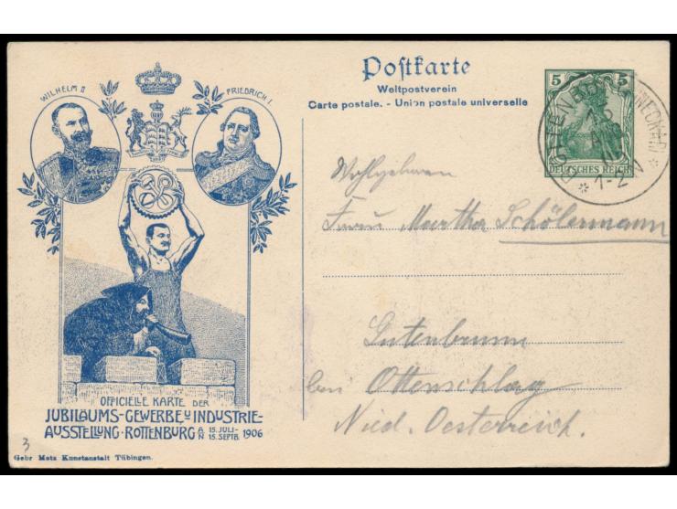 Privatganzsache 5 Pf.,  Rottenburg a. Neckar - Jubiläums-Gewerbe- u. Industrie-Ausstellung,  Frech C 67 / 09, Stempel Rottenb