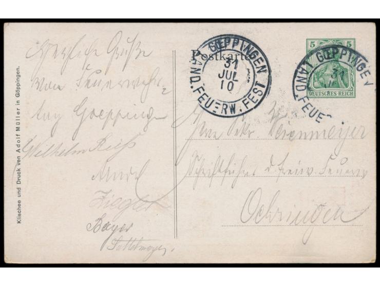 Göppingen, 15. Württembergischer Landes-Feuerwehrtag,  Wertstempel 5 Pf.. Bilduntergrund gelbbraun, Frech C 115 / 01, Sonders