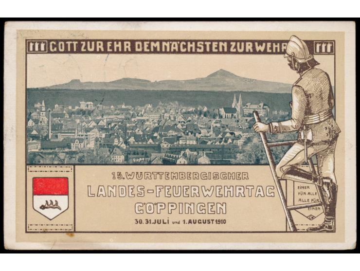 Göppingen, 15. Württembergischer Landes-Feuerwehrtag,  Wertstempel 5 Pf.. Bilduntergrund gelbbraun, Frech C 115 / 01, Sonders