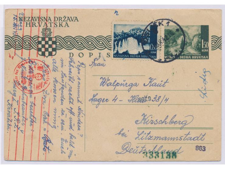 Ganzsache 1,50 Kuna mit Zusatzfrankatur 0,50 Kuna an eine Kroatin im Umsiedlerlager für Kroatiendeutsche in  Kirschberg bei L