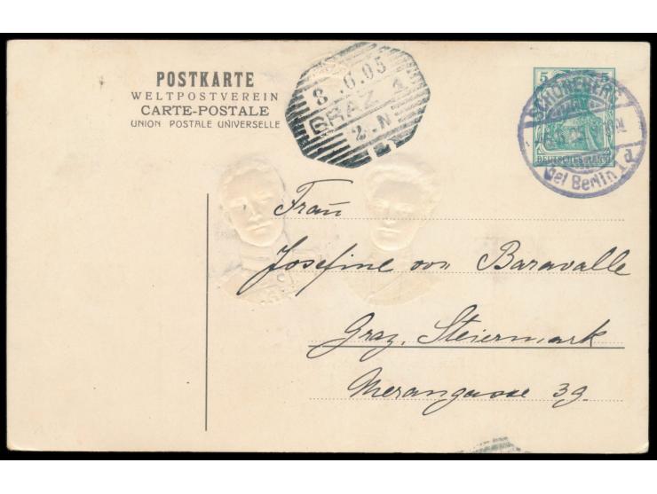 Privatganzsache 5 Pf.,  Vermählung Sr. Kgl. Hoheit des Kronprinzen Friedrich Wilhelm ...,  Frech D 7, Stempel Schöneberg bei 