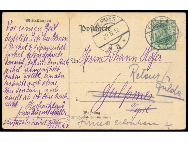 Privatganzsache 5 Pf.,  Fulda -   Hotel zum Kurfürsten,  Frech F 19, Stempel Fulda 28.4.12 nach Fulpmes / Österreich, am 29.4