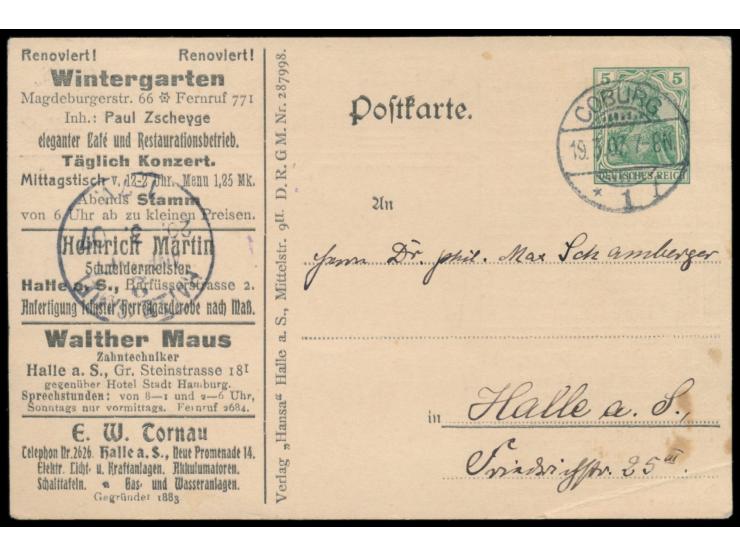 Anzeigenganzsache &nbsp;5 Pf., Verlag &quot;Hansa&quot;, &nbsp;Halle a. S., &nbsp;mit 10 Anzeigen von Hallenser Firmen, Frech