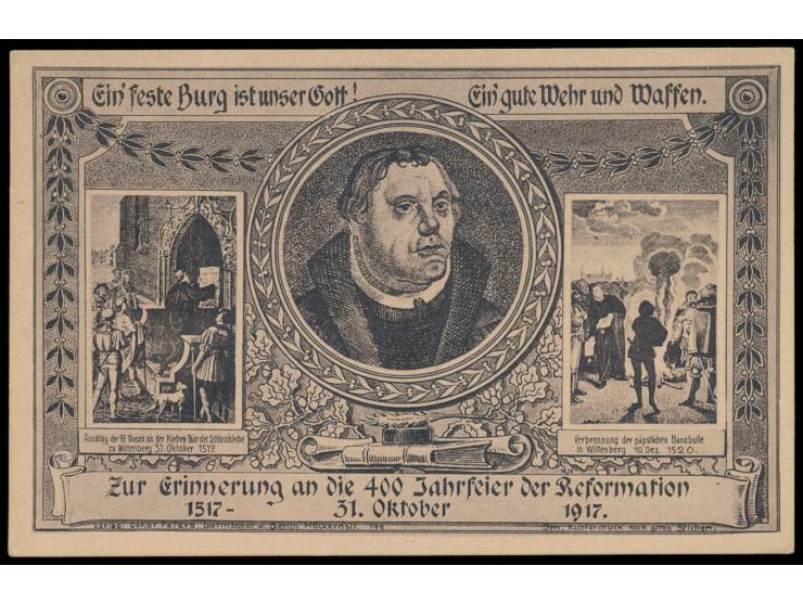 400 Jahrfeier der Reformation, &nbsp;Wertstempel 7 1/2 Pf. und 2 1/2 Pf., Bilder Luthermedaillon, Anschlag der 95 Thesen und 