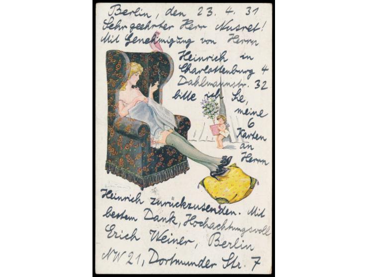 Privatganzsache &nbsp;15 Pf. Steinadler , Künstler-Kitsch-Karte &nbsp;&quot;... Liebesgrüße&quot; &nbsp;(Frau im Sessel, M.M.