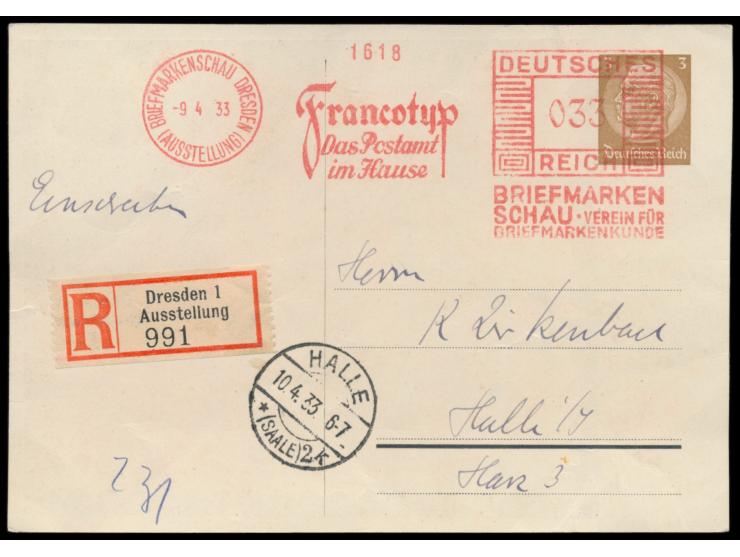 Privatganzsache 3 Pf. Hindenburg,  Briefmarkenschau Dresden 1933,  Frech C 1 / 02, mit  Absenderfreistempel  Briefmarkenschau