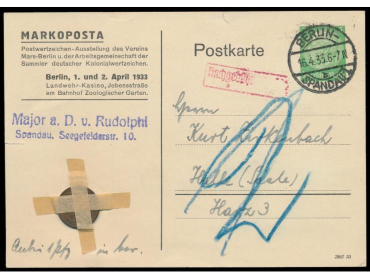 Privatganzsache 5 Pf. Hindenburg,  Markoposta 1933,  Frech B 1 / 02, Stempel  Berlin-Spandau 1  16.4.33, links unten als Ersa
