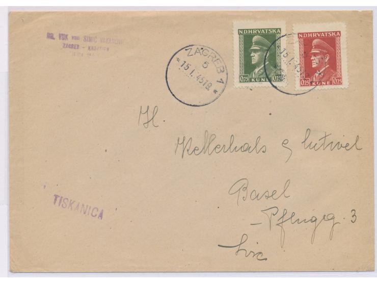 Pavelic 0,25 K. und 0,75 K. auf Auslandsdrucksache in die Schweiz, Stempel  Zagreb  15.1.45
